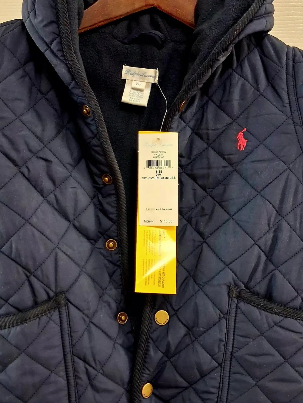 Ralph Lauren Quilted Navy Hooded Puffer Romper with Red Pony
